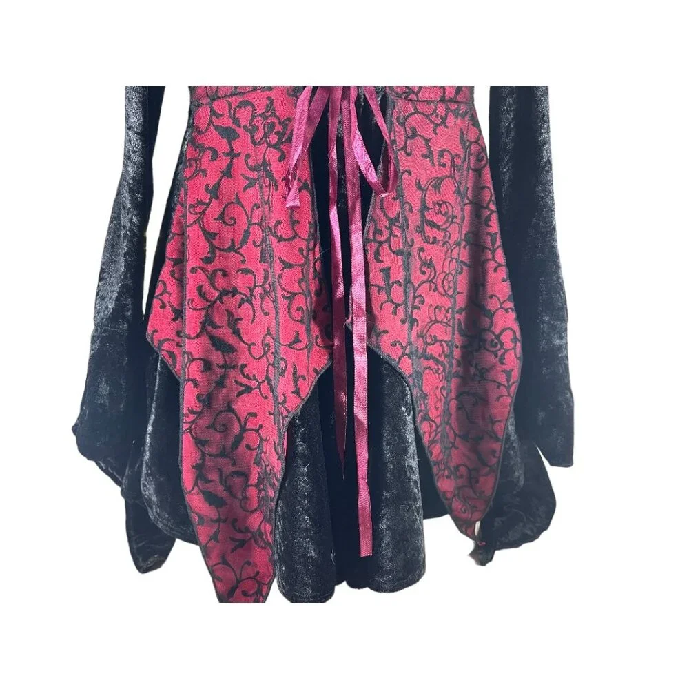 California Costume Black Velvet Burgundy w/ Mesh Elvira Sleeves Gothic Costume